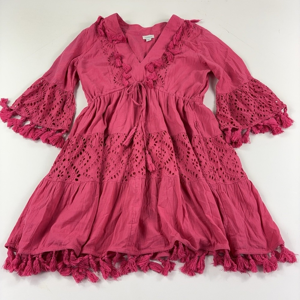 Sundance Sundress Womens Medium Pink Tassel Eyelet Boho 3/4 Bell Sleeve